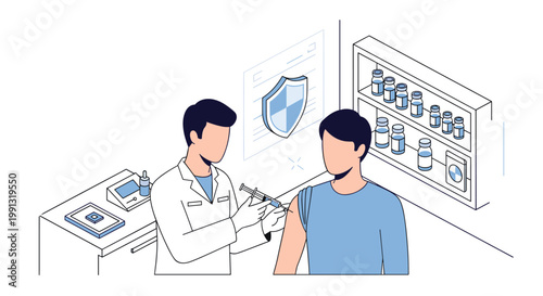Healthcare professional administering a vaccine injection to a young man in a clean clinic environment for disease prevention.