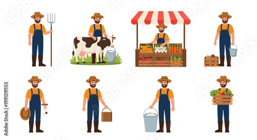 Collection of male farmer characters engaged in various farm activities like milking cows, selling vegetables, and carrying produce.
