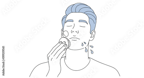 Young man using a cotton pad for facial cleansing and skincare as part of his daily grooming and personal hygiene routine.