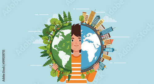 A young person holding a divided globe representing nature versus urbanization.