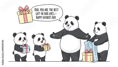 Father's Day Pandas: An adorable illustrated scene captures the warmth of Father's Day, with a family of pandas exchanging gifts and expressing heartfelt sentiments.