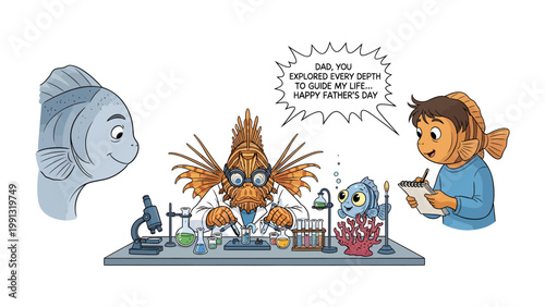 A Father's Day Tribute: An illustrated celebration, where aquatic characters and a child gather around a science lab, expressing appreciation. 