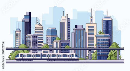 Clean and futuristic city skyline with tall office buildings, a high-speed commuter train, and lush green trees for sustainable urban living.