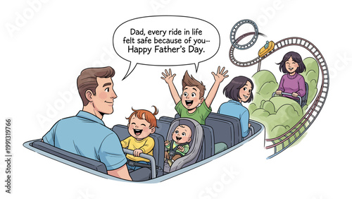 Happy Father's Day: A cartoon illustration captures a heartwarming Father's Day scene, a father and his children enjoy ride. with a heart-warming message of security and appreciation.