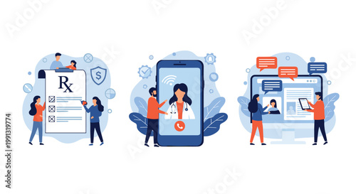 Modern telemedicine services featured through digital prescriptions, video consultations with doctors, and online health record management.