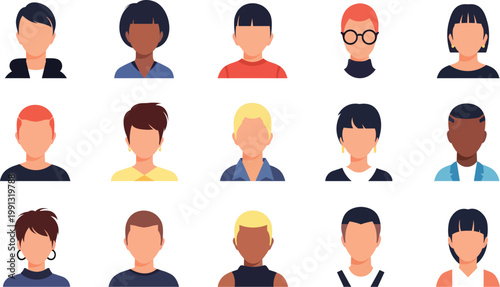 Diverse Faceless Avatar Collection: Set of 15 Flat Vector Character Portraits in a Grid, Featuring Various Skin Tones and Hairstyles for User Profiles, Team Members, and Social Media Icons.