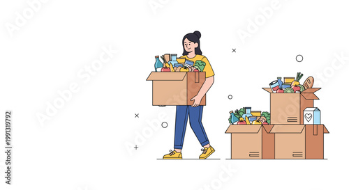 Kind woman carrying a large cardboard box full of groceries for a food donation program to help people in need within her community.