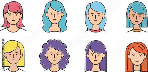 Set of 8 Minimalist Female Avatars: Flat Vector Portraits of Women with Diverse Hairstyles and Colorful Hair, Modern Character Icons for User Profiles, UI Design, and Social Media Graphics.