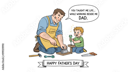 Father-Son Bond: Capturing a sweet moment of a father teaching his son in life during Father's Day, illustrating the warmth of the relationship between a dad and his child.