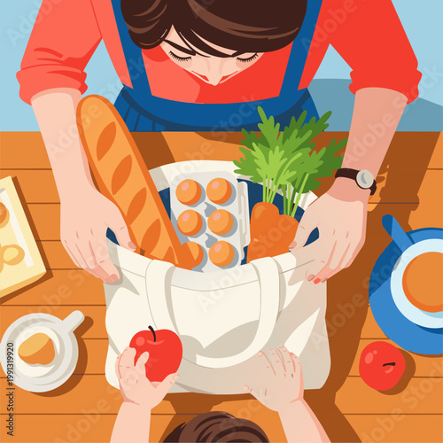 A top-down vector view of a mom expertly packing a canvas tote bag with a baguette, a carton of eggs, and a bunch of carrots. A toddler's hand reaches in from the side to grab a red apple. 
