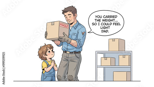 Father-Child Bond: A heartwarming illustration depicts a father tenderly holding a cardboard box for his child, symbolizing the protective love and support.