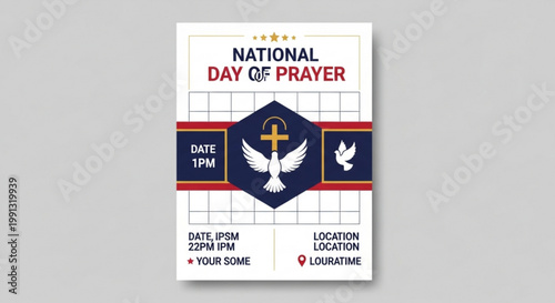 National Day of Prayer flyer template with Christian symbols dove cross and event details for religious gatherings and community events