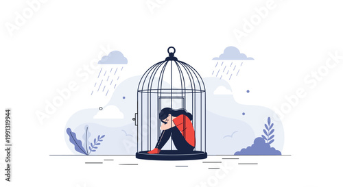 Conceptual illustration of a sad woman sitting alone inside a large birdcage symbolizing isolation, depression, or mental health struggles.