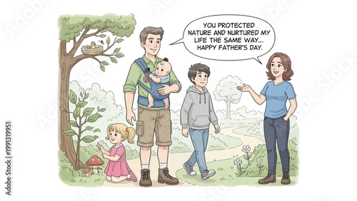 Family Celebrating Father's Day: A loving family, comprised of parents and children, gathered together, conveying warm sentiments for Father's Day in a natural setting.