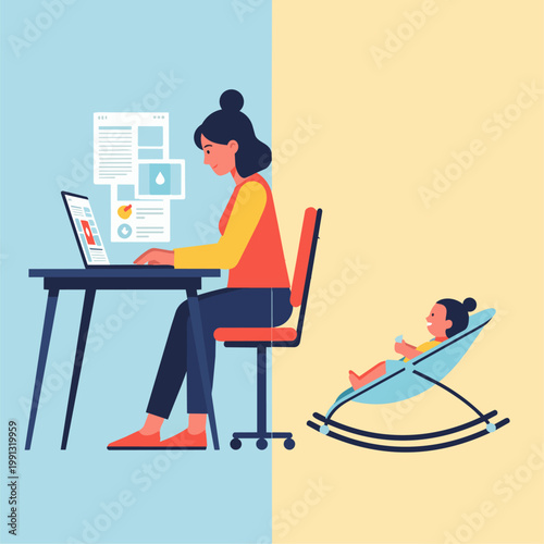 A split-screen vector style showing a mom at a desk. On the left, she is focused on a laptop screen with clean UI elements; on the right, her foot is gently rocking a stylized baby bouncer.