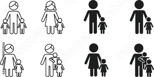 Family parent and child icon set mother father with kids silhouettes simple people figures vector illustration