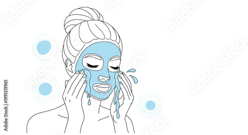 Line art illustration of a woman applying a cosmetic face mask for skin treatment and deep hydration as part of a beauty routine.