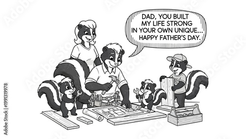 Father's Day Dedication: A heartwarming cartoon illustration depicts a skunk family celebrating Father's Day, with the father figure diligently working on a project.
