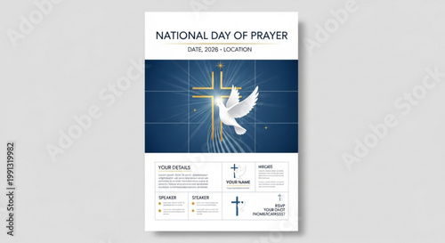 National Day of Prayer flyer template with a golden cross and dove representing faith and peace ideal for religious events and announcements