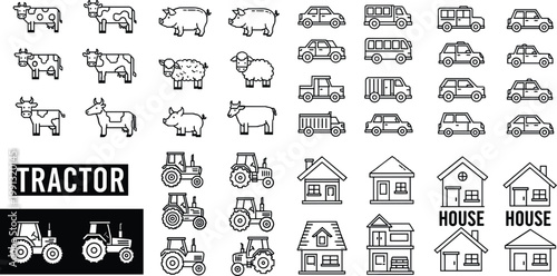 Farm animals vehicles and house icon set with tractor cow sheep car building vector illustration collection