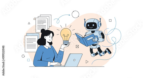 Collaborative concept showing a woman and a cute robot studying together with books and a glowing lightbulb for AI in education.