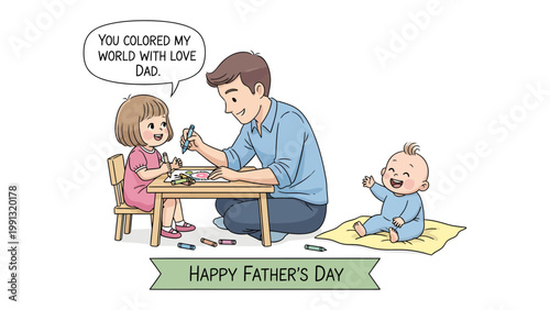 Fathers Day: A touching illustration captures a heart warming Father's Day scene, featuring a father happily coloring with his children, while another child plays.