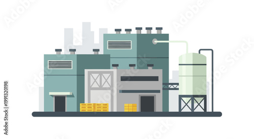 Industrial Factory Building with Storage Tanks and Production Facilities.