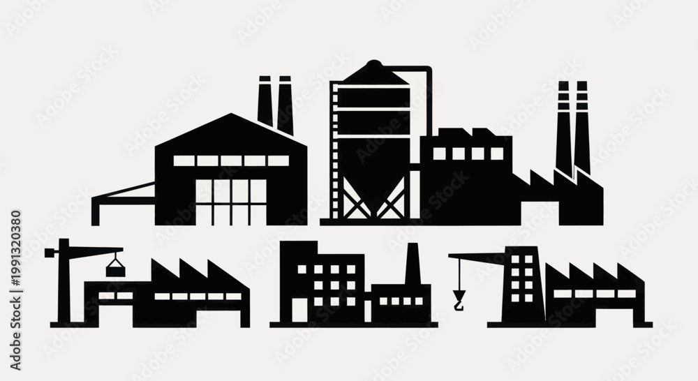 Fototapeta premium Industrial factory buildings and manufacturing plants silhouette collection.