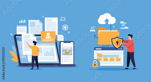 Illustration of digital data management and security with people organizing files, folders, and cloud storage on computer devices.