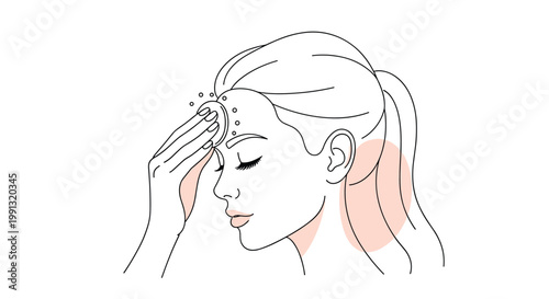 Minimalist line drawing of a woman using a cotton pad to clean her forehead as part of a skincare and hygiene routine.