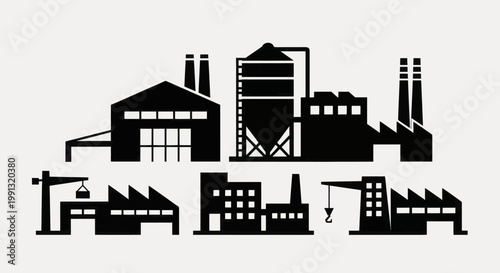 Industrial factory buildings and manufacturing plants silhouette collection.