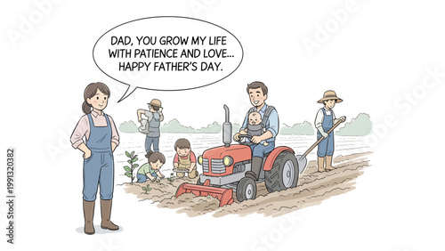 Father's Day in the Field: A heartwarming illustration of a family celebrating Father's Day, depicted in a field. Showing appreciation through working together.