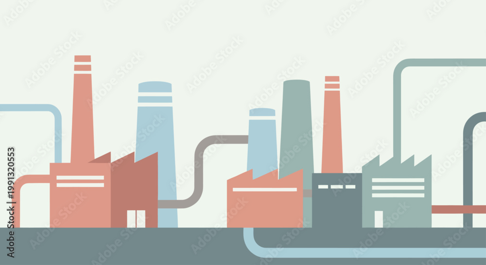 Obraz premium Industrial Factory Buildings with Smokestacks and Pipes.