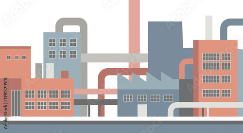 Industrial factory buildings with pipes and chimneys.