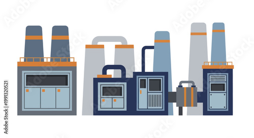 Industrial factory buildings with smokestacks and machinery, flat illustration.