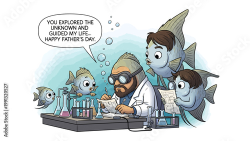 Father's Day in the Laboratory: A whimsical illustration depicts a father figure scientist surrounded by anthropomorphic fish, celebrating Father's Day with a heartfelt message.