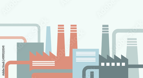 Industrial factory buildings with smokestacks and pipes in a minimalist style.
