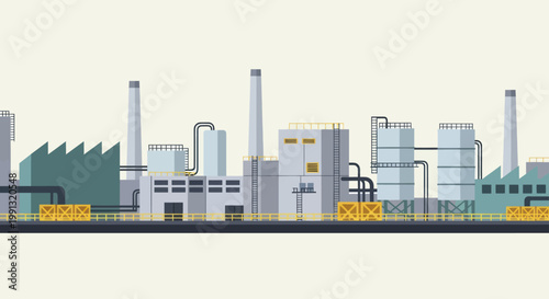 Industrial factory buildings with smokestacks and pipelines.