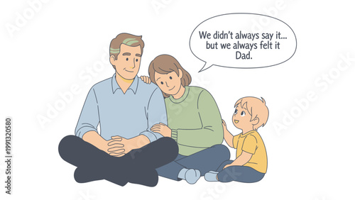 Family Bond: A tender moment of familial love and support unfolds as a close-knit family, comprised of father, mother, and child, shares an intimate exchange within a speech bubble. 
