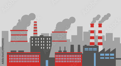 Industrial factory buildings with smoking chimneys polluting environment.