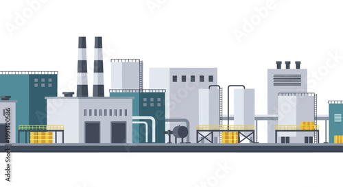 Industrial factory buildings with smokestacks and storage tanks.