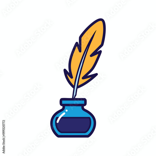 Illustration of a vintage inkwell with feather quill for writing and creativity