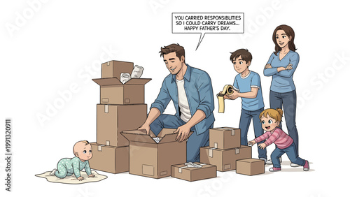 Father's Day Moving Illustration: A heartwarming illustration depicts a father surrounded by moving boxes, opening one with his family gathered around.