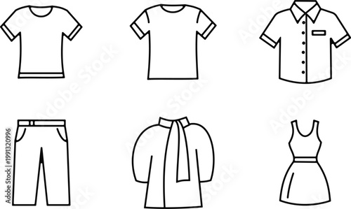 Clothing lineup t shirts pants dress and more black and white sketch