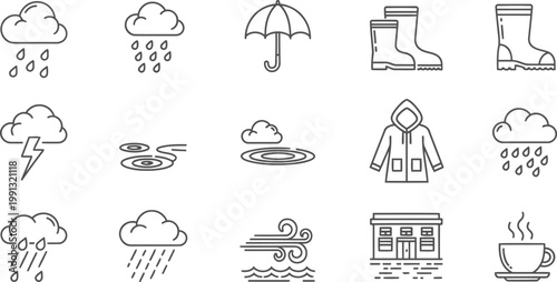 Weather icons set rain storms cozy home and warm beverages