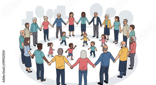 Diverse Group of People Holding Hands in a Large Circle.