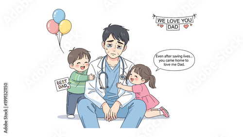 Tender Moments of Fatherhood: A tired father, still in his medical coat, finds solace in the embrace of his children, a testament to unwavering love.