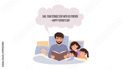 Father's Day Bedtime Story: A tender illustration depicts a father sharing tales to his children within the warmth of their beds, the heart of family bonding