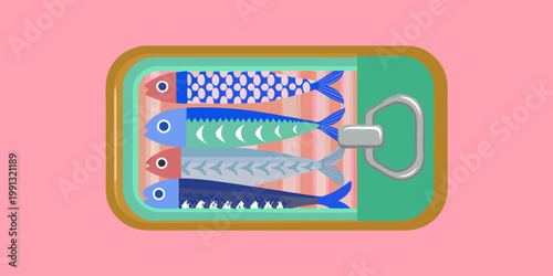 Colorful sardines packed tightly inside an opened tin can on a pink background