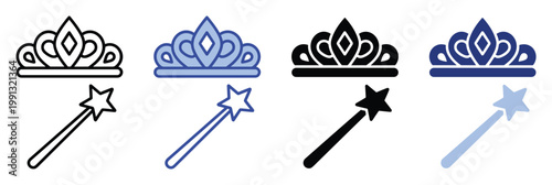 Collection of tiara and wizard wand vector icons perfect for fantasythemed graphics, playful crafts, and kids apps.